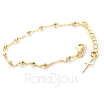 RMB|Bracciale rosario uomo o donna in Argento 925 croce liscia rod Oro bianco palline 4 mm mis 17