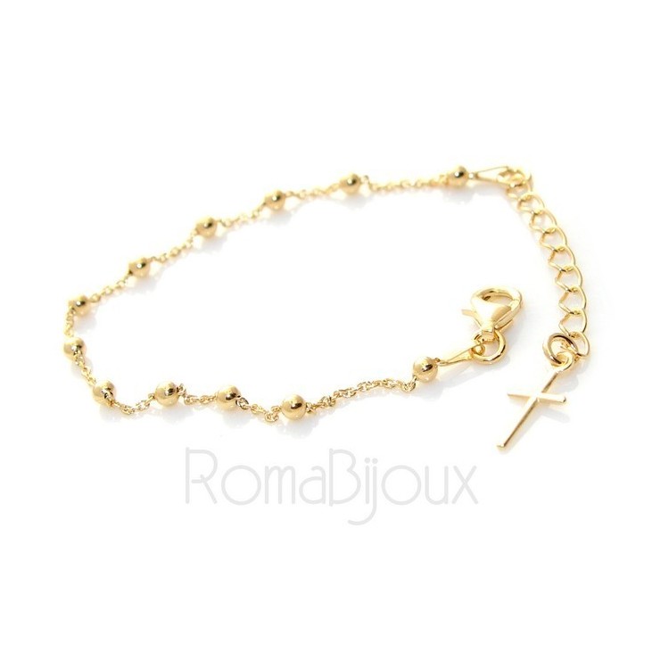 RMB|Bracciale rosario uomo o donna in Argento 925 croce liscia rod Oro bianco palline 4 mm mis 17