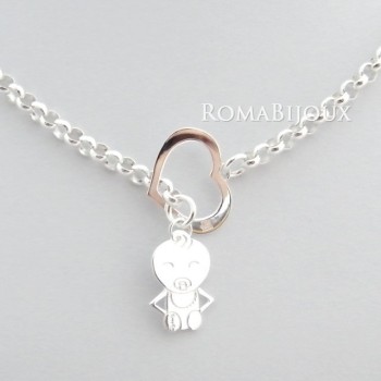 RMB|ARGENTO 925 catena collana saliscendi rolo' con cuore aperto e neonato bebe'