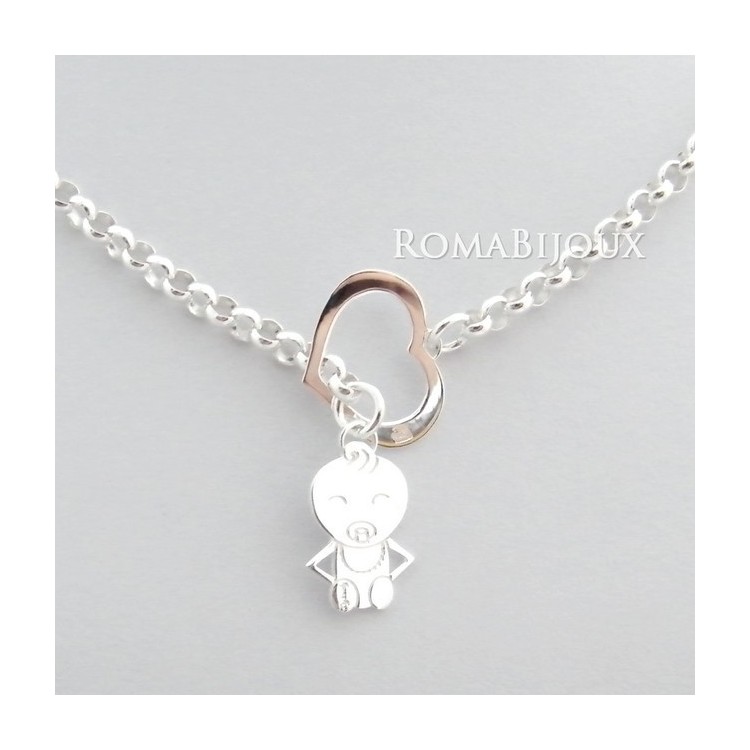 RMB|ARGENTO 925 catena collana saliscendi rolo' con cuore aperto e neonato bebe'
