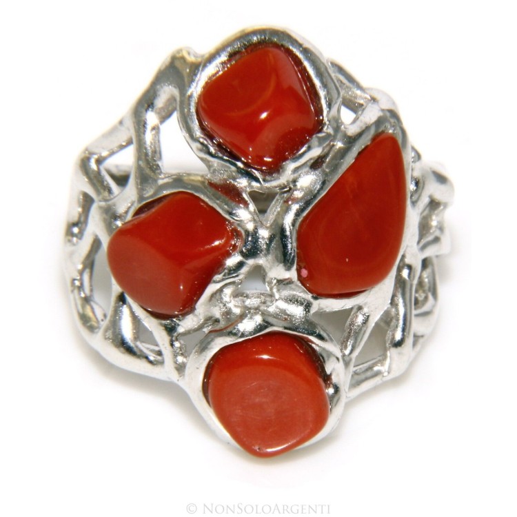 RMB|925: woman adjustable ring handmade with genuine natural red coral gems