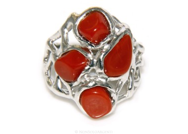 RMB|925: woman adjustable ring handmade with genuine natural red coral gems