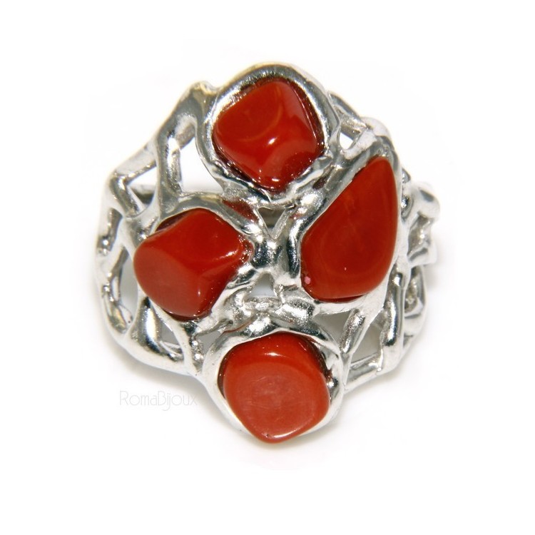RMB|Argento 925 : Anello donna regolabile realizzato a mano con stella di corallo rosso naturale