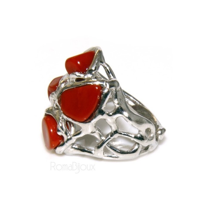 RMB|925: woman adjustable ring handmade with natural red coral star