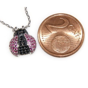 RMB|Argento 925 : Collana Collier donna pendente centrale coccinella magenta nero amuleto