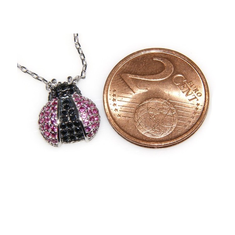 RMB|Argento 925 : Collana Collier donna pendente centrale coccinella magenta nero amuleto