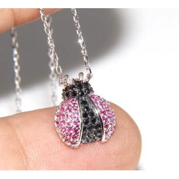 RMB|925: Collier Necklace with central pendant amulet ladybug magenta