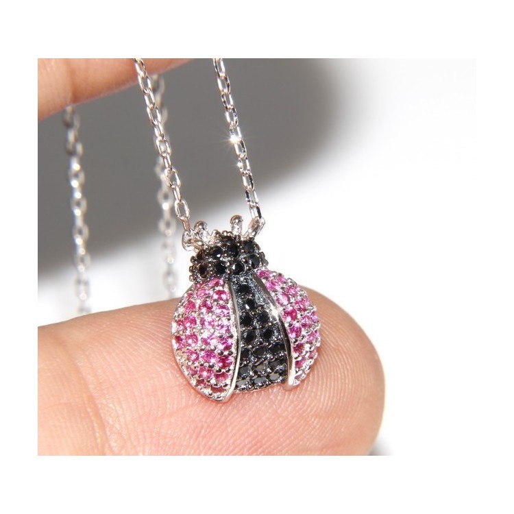 RMB|925: Collier Necklace with central pendant amulet ladybug magenta