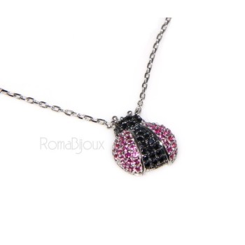 RMB|Argento 925 : Collana Collier donna pendente centrale coccinella magenta nero amuleto