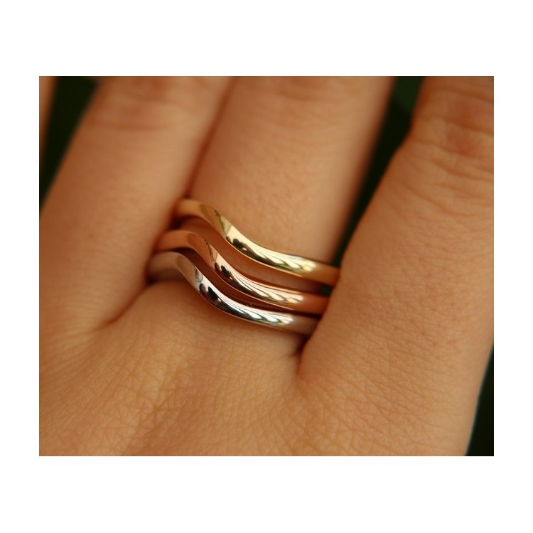 RMB|925 Italian: ring 3 colors yellow white gold pink waves fusion glossy