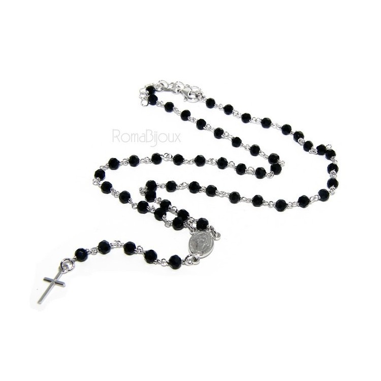RMB|Collana Rosario uomo Argento 925 Con cristallo nero 4mm croce e madonna 44+5