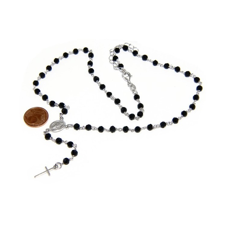 RMB|Collana Rosario uomo Argento 925 Con cristallo nero 4mm croce e madonna 44+5