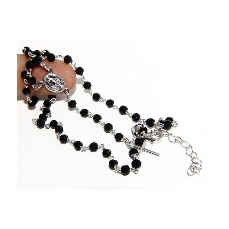 RMB|Collana Rosario uomo Argento 925 Con cristallo nero 4mm croce e madonna 44+5