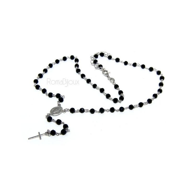 RMB|Collana Rosario uomo Argento 925 Con cristallo nero 4mm croce e madonna 44+5