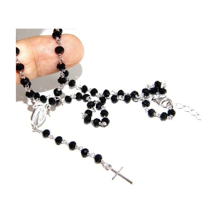 RMB|Collana Rosario uomo Argento 925 Con cristallo nero schiacciato 4mm croce e madonna 45+5