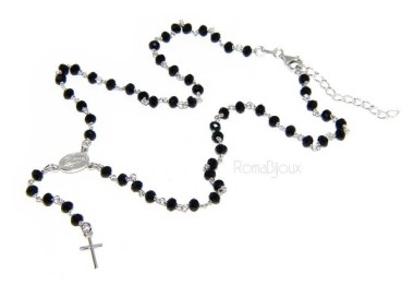 RMB|Collana Rosario uomo Argento 925 Con cristallo nero schiacciato 4mm croce e madonna 45+5