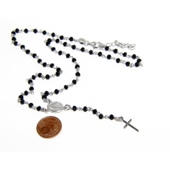 RMB|Collana Rosario uomo Argento 925 Con cristallo nero schiacciato 4mm croce e madonna 45+5