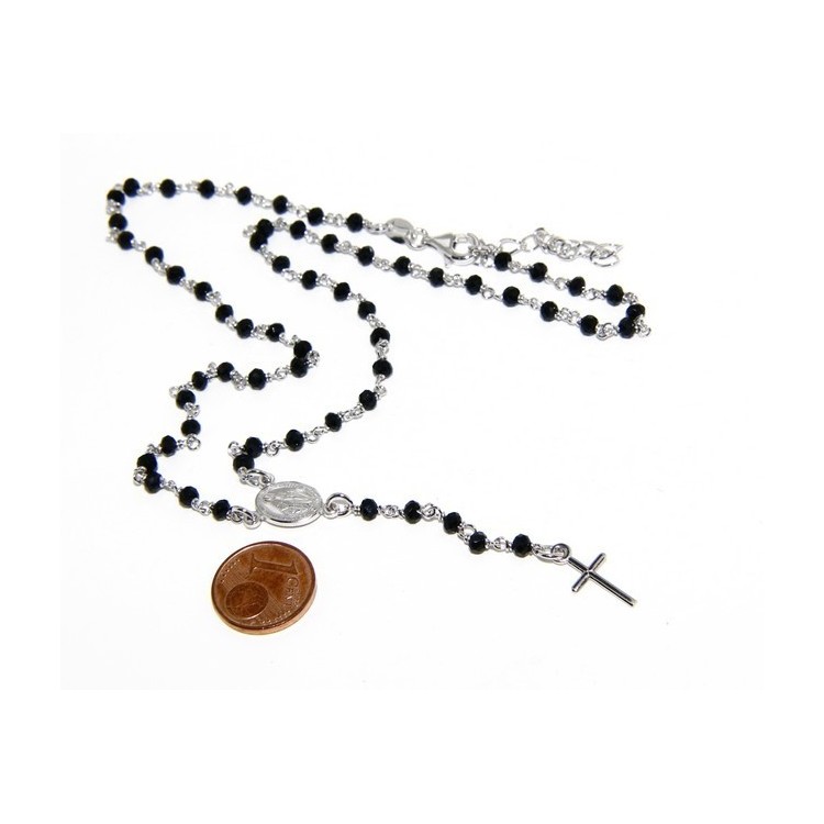RMB|Collana Rosario uomo Argento 925 Con cristallo nero schiacciato 4mm croce e madonna 45+5