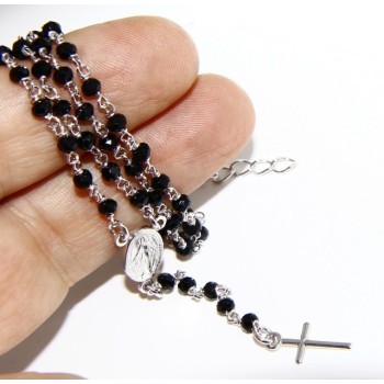 RMB|Collana Rosario uomo Argento 925 Con cristallo nero schiacciato 4mm croce e madonna 45+5