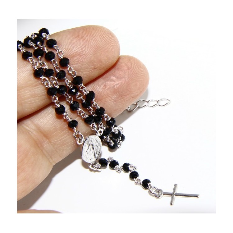 RMB|Collana Rosario uomo Argento 925 Con cristallo nero schiacciato 4mm croce e madonna 45+5