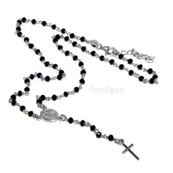 RMB|Collana Rosario uomo Argento 925 Con cristallo nero schiacciato 4mm croce e madonna 45+5