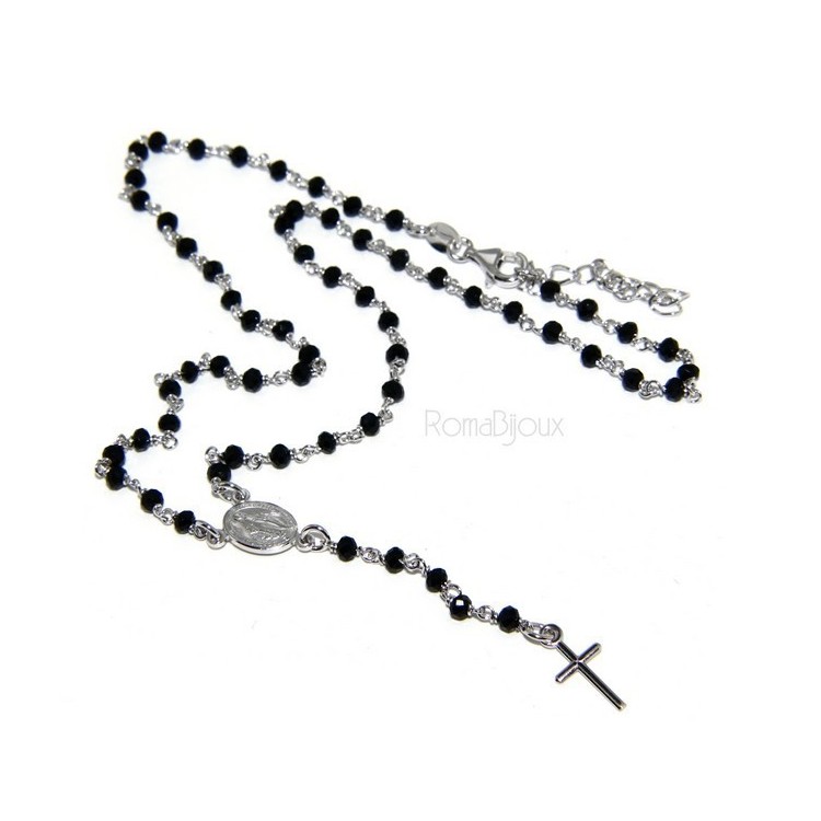 RMB|Collana Rosario uomo Argento 925 Con cristallo nero schiacciato 4mm croce e madonna 45+5