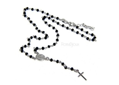 RMB|Collana Rosario uomo Argento 925 Con cristallo nero schiacciato 4mm croce e madonna 45+5