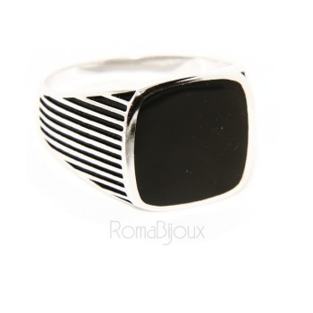 RMB|Ring 925 sterling silver men's shield chevalier square striped faux onyx