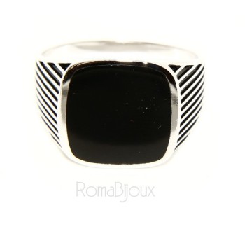 RMB|Ring 925 sterling silver men's shield chevalier square striped faux onyx