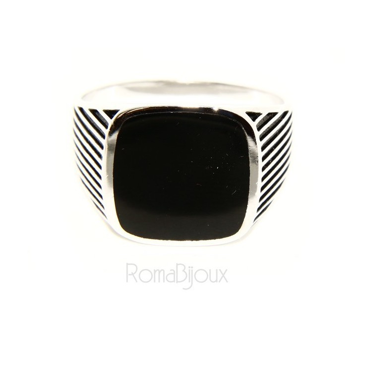 RMB|Ring 925 sterling silver men's shield chevalier square striped faux onyx