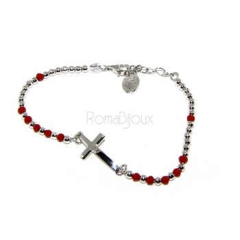 RMB|Bracciale rosario uomo in Argento 925 con immagine madonnina , croce convessa e cristallo rosso . Mis 17,00 - 20,00