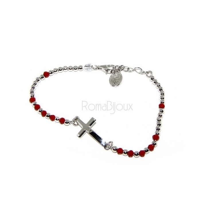 RMB|Bracciale rosario uomo in Argento 925 con immagine madonnina , croce convessa e cristallo rosso . Mis 17,00 - 20,00
