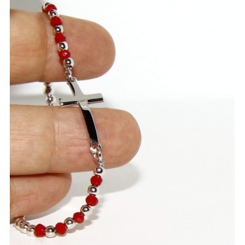 RMB|Bracciale rosario uomo in Argento 925 con immagine madonnina , croce convessa e cristallo rosso . Mis 17,00 - 20,00