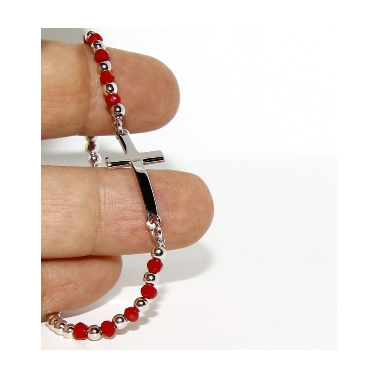 RMB|Bracciale rosario uomo in Argento 925 con immagine madonnina , croce convessa e cristallo rosso . Mis 17,00 - 20,00