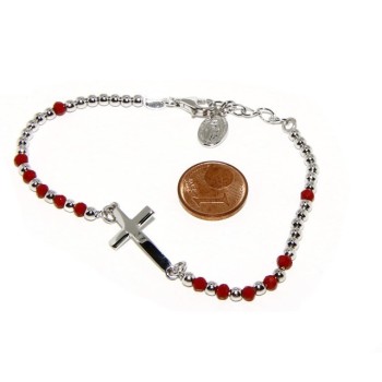 RMB|Bracelet rosary man in Silver 925 with Madonna picture, convex cross and red crystal. Mis from 17.00 to 20.00