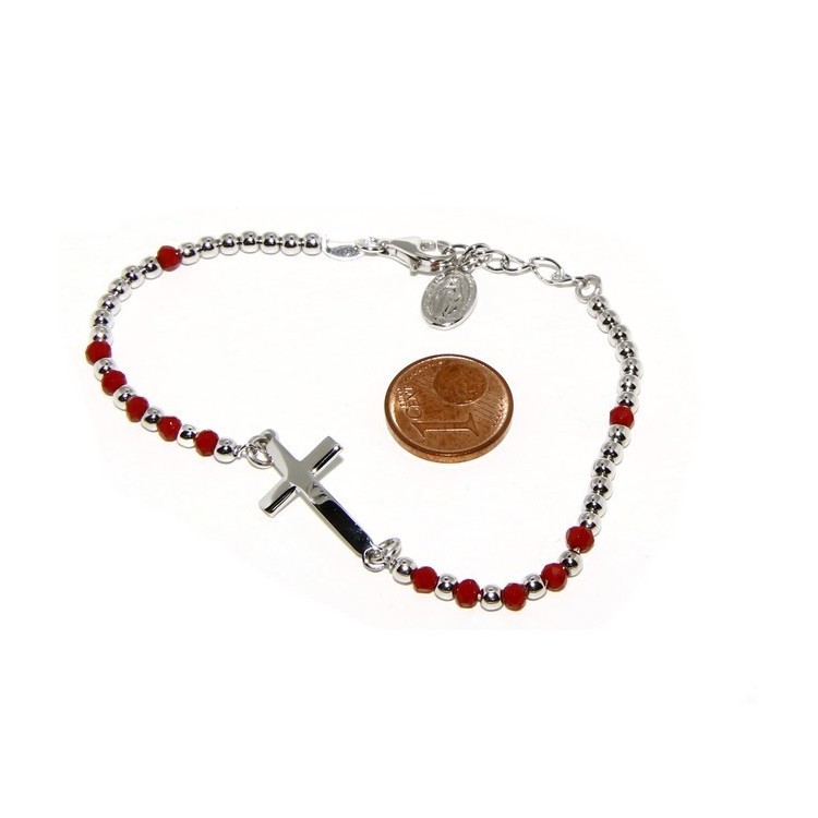 RMB|Bracciale rosario uomo in Argento 925 con immagine madonnina , croce convessa e cristallo rosso . Mis 17,00 - 20,00