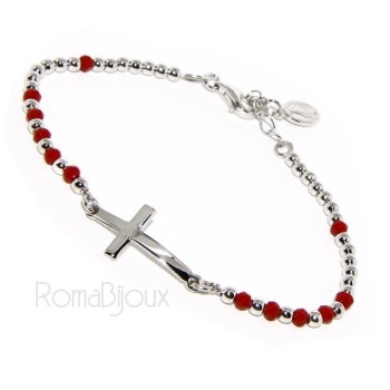 RMB|Bracciale rosario uomo in Argento 925 con immagine madonnina , croce convessa e cristallo rosso . Mis 17,00 - 20,00