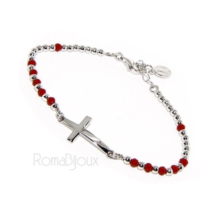 RMB|Bracelet rosary man in Silver 925 with Madonna picture, convex cross and red crystal. Mis from 17.00 to 20.00