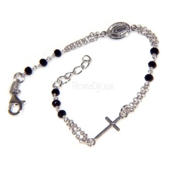 RMB|Bracciale rosario uomo in Argento 925 con immagine madonnina , croce convessa e cristallo nero . Mis 17,00 - 22,00