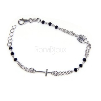 RMB|Bracciale rosario uomo in Argento 925 con immagine madonnina , croce convessa e cristallo nero . Mis 17,00 - 22,00