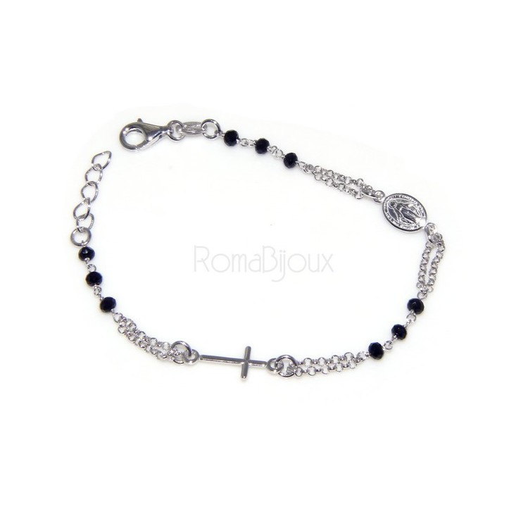 RMB|Bracciale rosario uomo in Argento 925 con immagine madonnina , croce convessa e cristallo nero . Mis 17,00 - 22,00