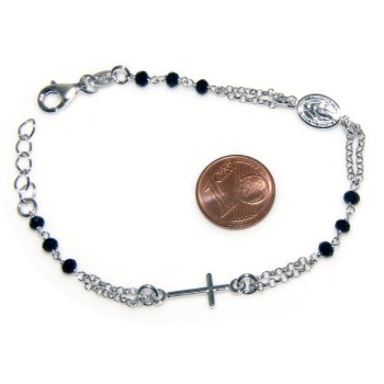 RMB|Bracciale rosario uomo in Argento 925 con immagine madonnina , croce convessa e cristallo nero . Mis 17,00 - 22,00