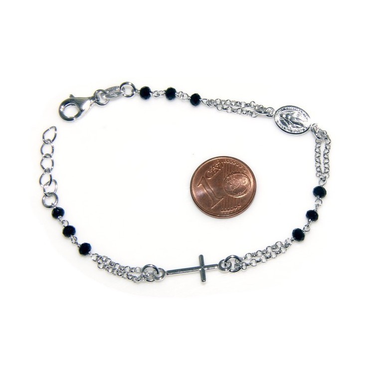 RMB|Bracciale rosario uomo in Argento 925 con immagine madonnina , croce convessa e cristallo nero . Mis 17,00 - 22,00