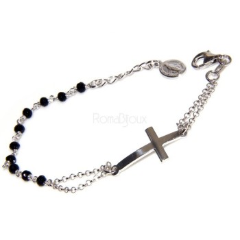 RMB|Bracciale rosario uomo donna in Argento 925 con immagine madonnina , croce convessa e cristallo nero . Mis 17,50