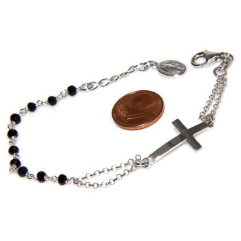 RMB|Bracciale rosario uomo donna in Argento 925 con immagine madonnina , croce convessa e cristallo nero . Mis 17,50