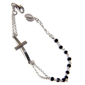 RMB|rosario bracciale Argento 925 madonna miracolosa, croce convessa e cristallo nero cm 15/17,50