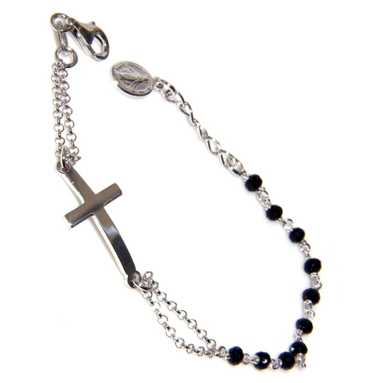 RMB|rosario bracciale Argento 925 madonna miracolosa, croce convessa e cristallo nero cm 15/17,50