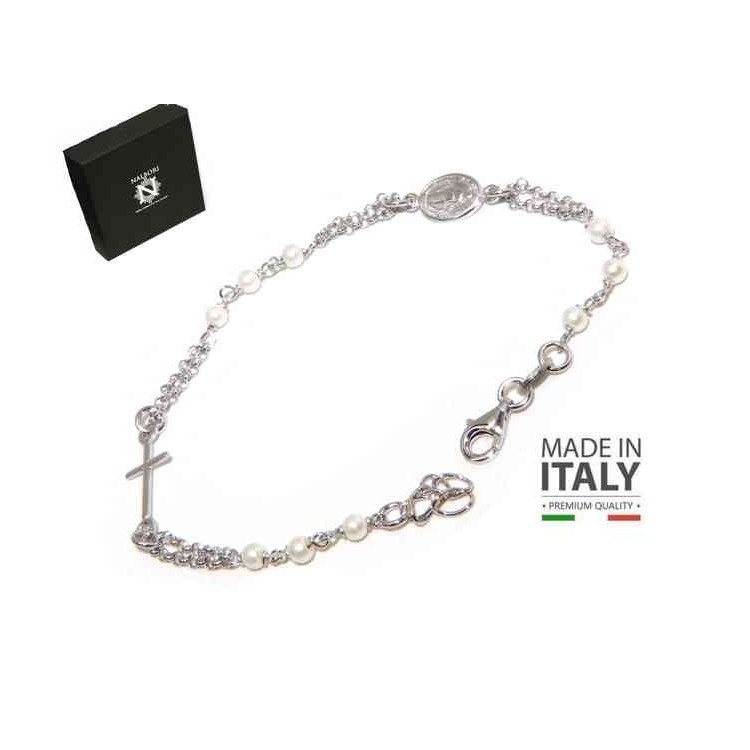 RMB|NALBORI Bracciale rosario uomo donna in Argento 925 madonna miracolosa , croce e perline bianche 16,50 19,50