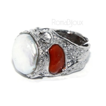 RMB|925: Adjustable Women's Ring handmade with natural gems and true red coral round bead