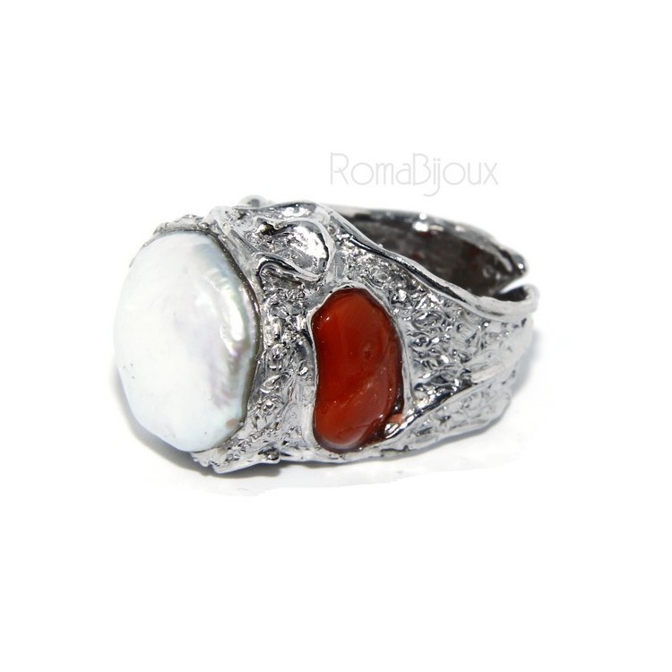 RMB|925: Adjustable Women's Ring handmade with natural gems and true red coral round bead